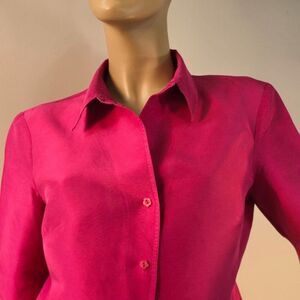 AK Anne Klein Button Front Silk Blouse Sz 10 Short Sleeve Magenta Hot Pink